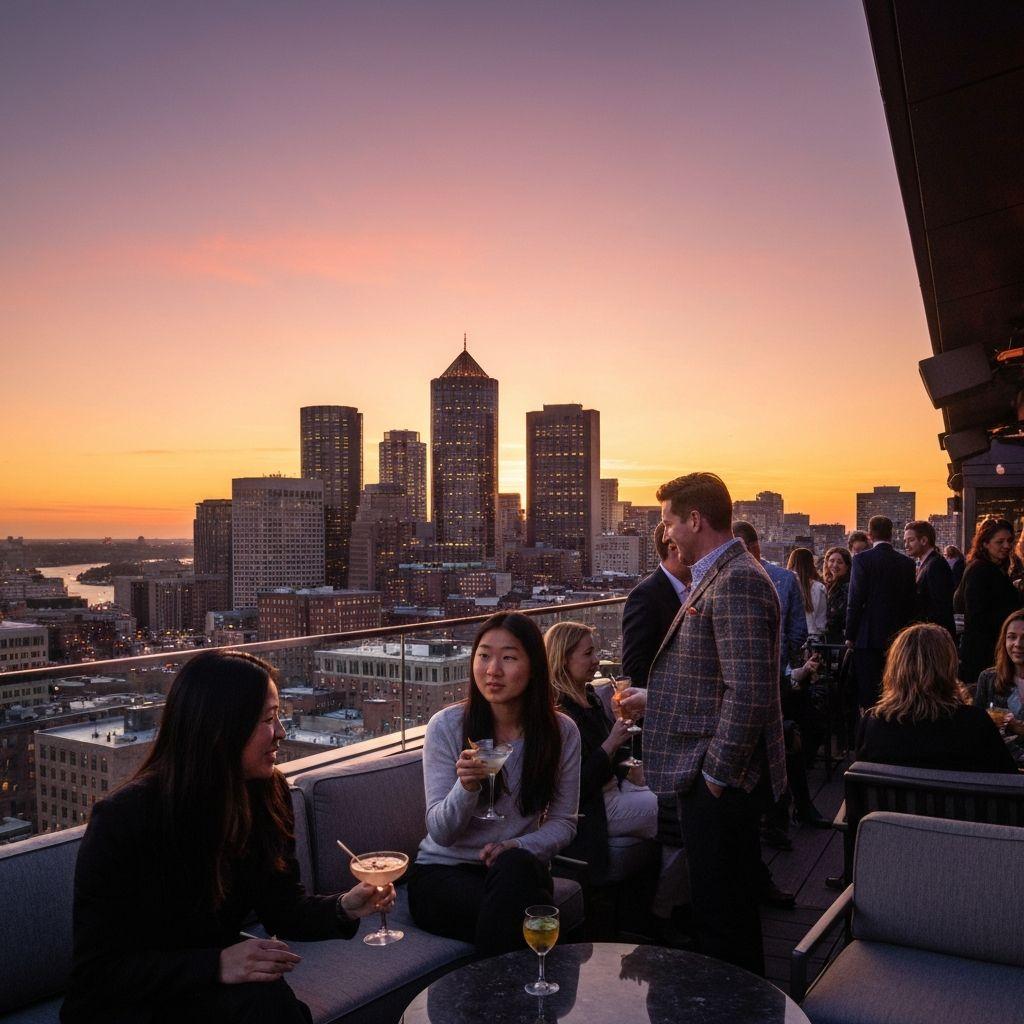 Rooftop event venue at sunset